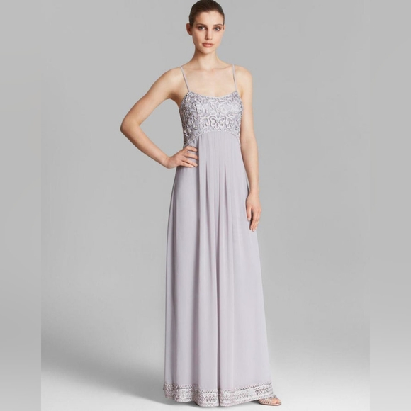 Sue Wong Spaghetti Strap Ribbon Detail Pleated Long Chiffon Dress - Picture 1 of 5